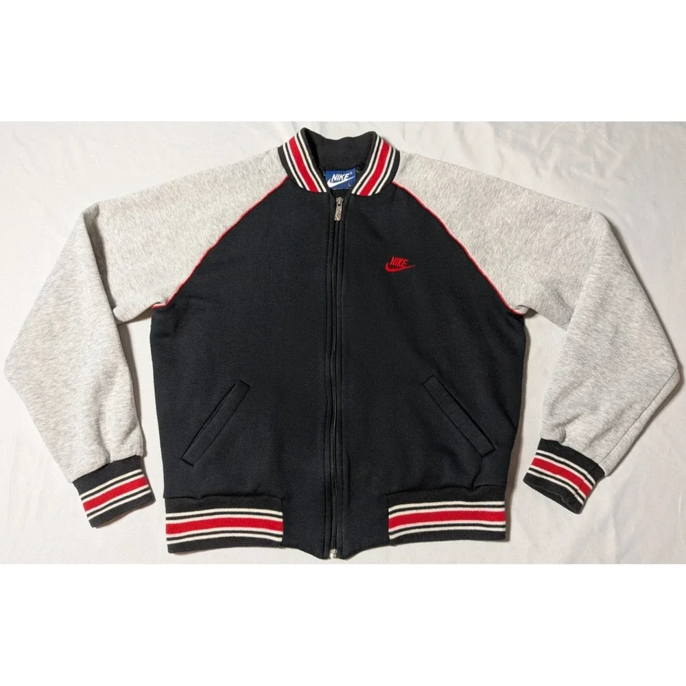 VTG 80'S NIKE‎ Blue Tag Men Large Black Gray Full Zip Sweater Track Jacket